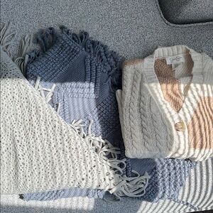 Women's Cream and Tan Cable Knit Sweater and 2 ponchos